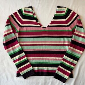 Vintage Esprit Womens V-Neck Striped Long Sleeve Sweater Pink Green Size Large